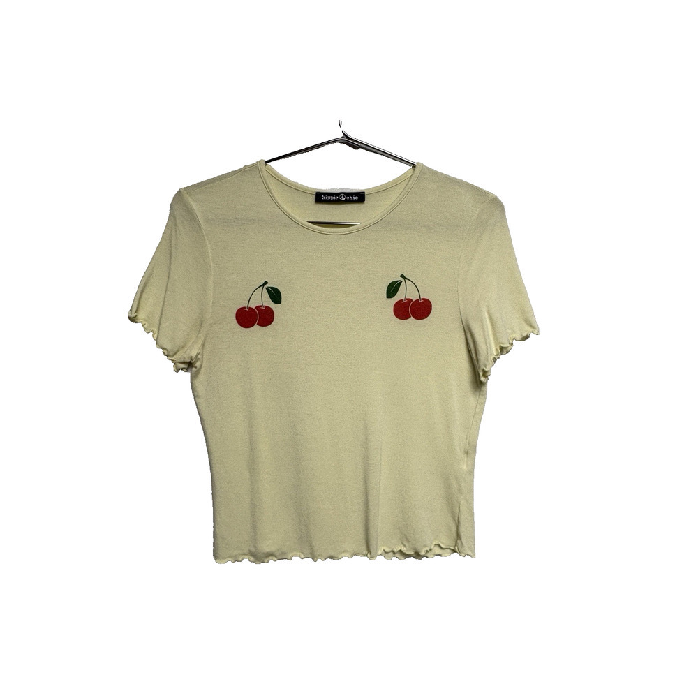chic Pale Yellow Crop Tee with Red Cherry Motif